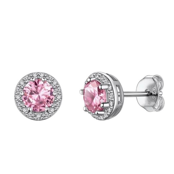 Suplight 925 Sterling Silver Tourmaline CZ Birthstone Halo Earrings Round Stud - Picture 1 of 5